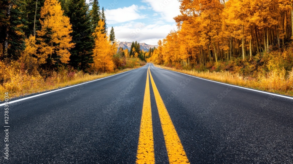 Golden fall leaves along a scenic highway, crisp morning air, peaceful and colorful autumn journey through nature Golden fall leaves along a scenic highway, crisp morning air, peaceful and colorful autumn journey through nature
