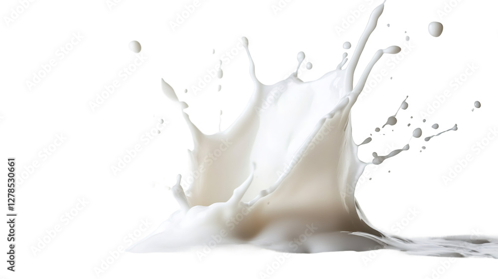 Milk droplet creating crown-shaped splash against transparent backdrop, dynamic dairy movement Milk droplet creating crown-shaped splash against transparent backdrop, dynamic dairy movement