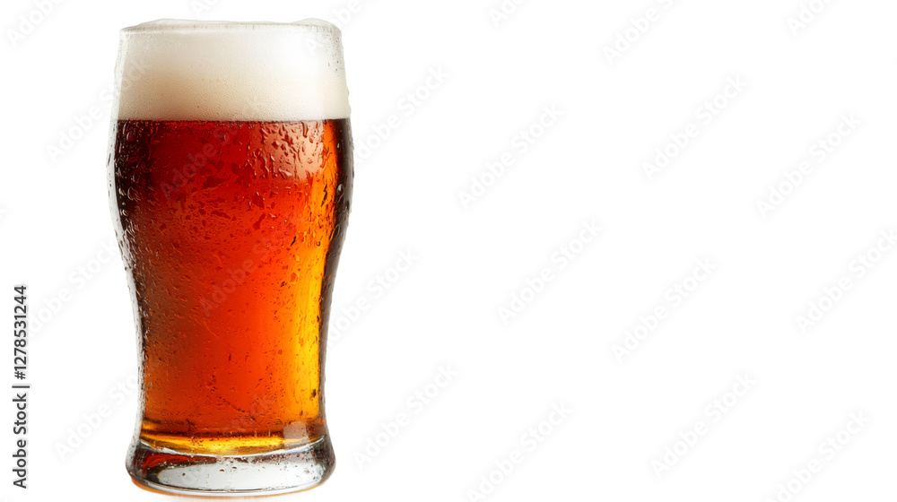 Condensation-covered amber beer glass displaying crisp foam head against transparent backdrop, highlighting refreshing beverage detail Condensation-covered amber beer glass displaying crisp foam head against transparent backdrop, highlighting refreshing beverage detail