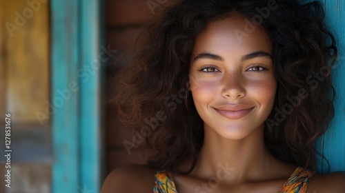 Smiling young woman standing against a colorful wooden background during daylight in a casual setting Free Download Smiling young woman standing against a colorful wooden background during daylight in a casual setting - GFXLoad