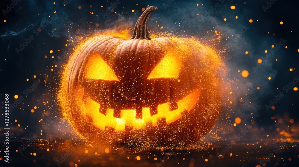 Naklejka premium Brightly glowing jack-o'-lantern surrounded by swirling sparks at a Halloween celebration in autumn with dim lighting