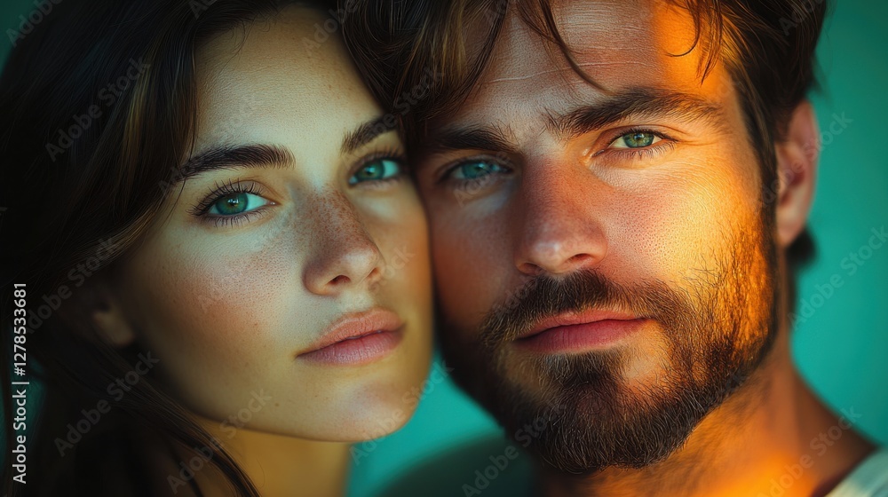 Close connection between two people with striking features and intense gazes, highlighted by warm natural light Close connection between two people with striking features and intense gazes, highlighted by warm natural light