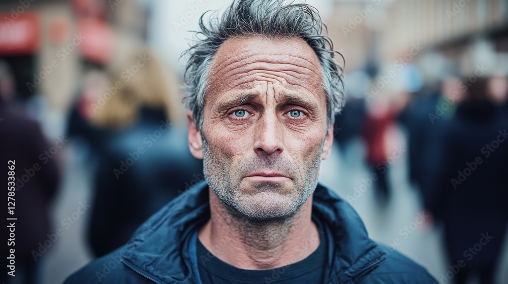 Man with blue eyes expressing deep emotion in a busy urban setting during a cloudy day amidst a crowd Man with blue eyes expressing deep emotion in a busy urban setting during a cloudy day amidst a crowd