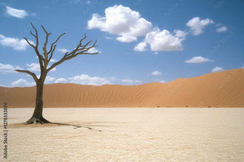 Dry Desert Landscape with Isolated Tree and Blue Sky