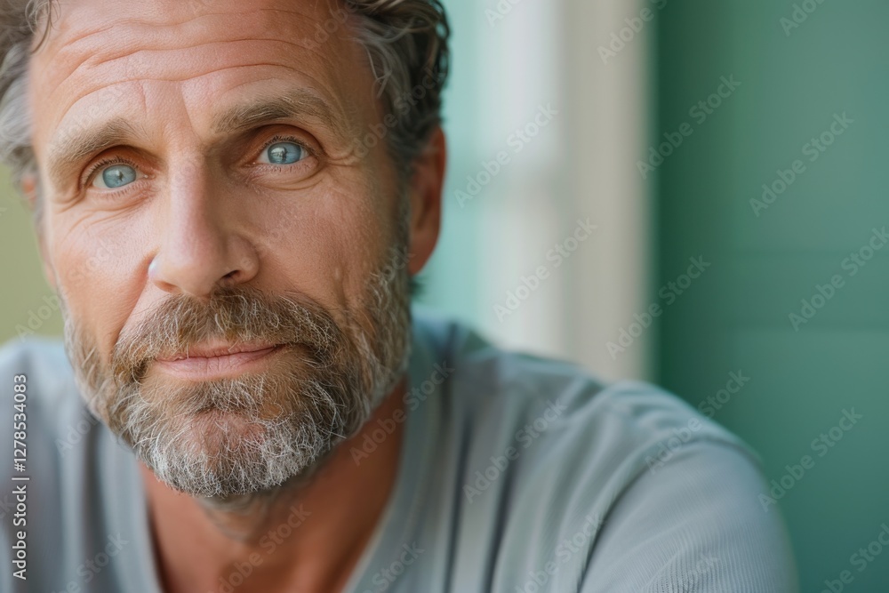 Middle-aged man with blue eyes and a thick beard poses thoughtfully against a green background in a warm and inviting setting Middle-aged man with blue eyes and a thick beard poses thoughtfully against a green background in a warm and inviting setting