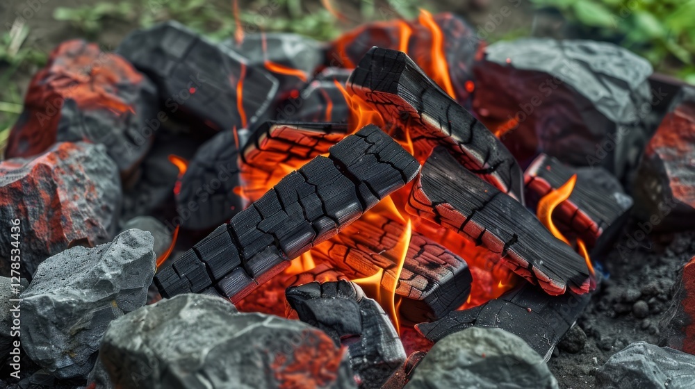 Glowing firewood crackles amidst dark stones in a cozy outdoor campfire setting during an evening gathering Glowing firewood crackles amidst dark stones in a cozy outdoor campfire setting during an evening gathering