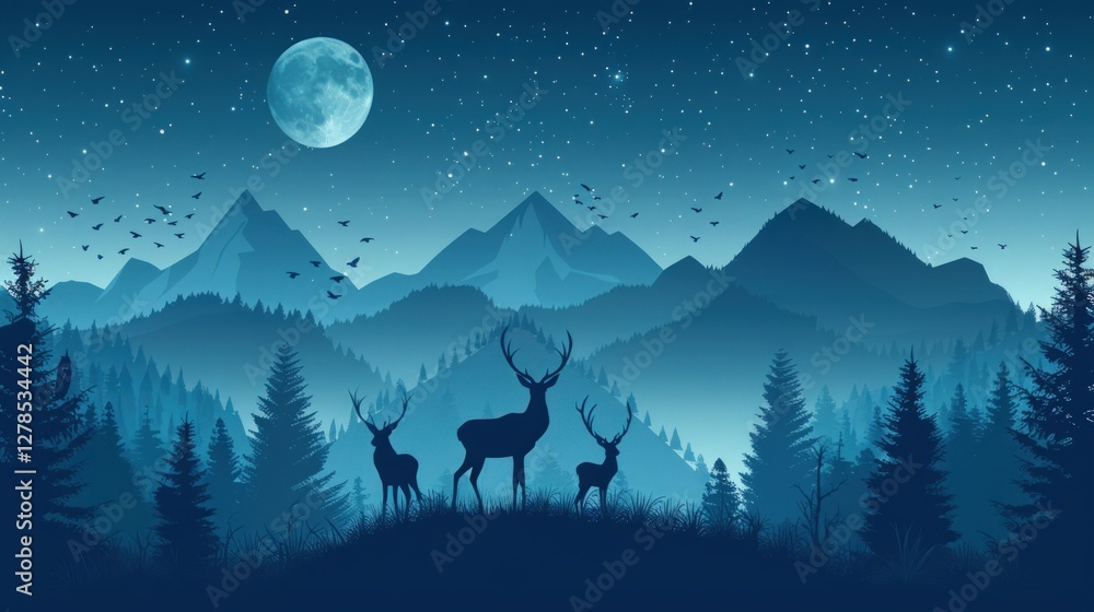 Fototapeta premium Serene Night in the Mountains: Majestic Deer Under the Moonlight