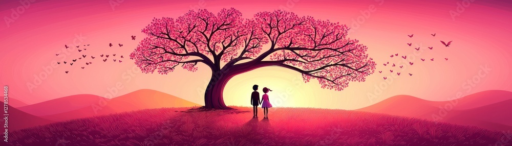 Fototapeta premium Couple under blossoming tree, sunrise, romance, peaceful, beautiful, inspiration