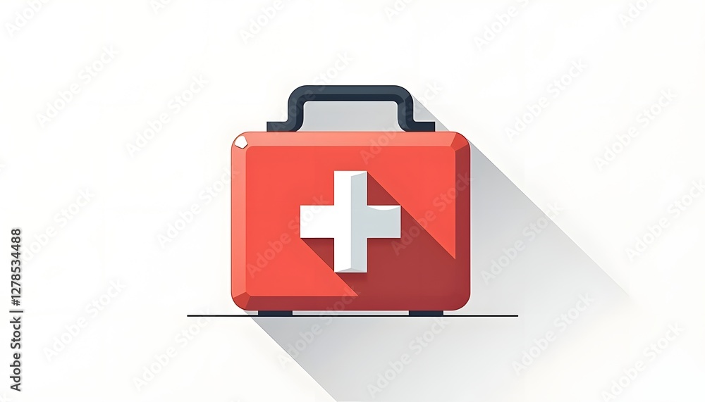 Fototapeta premium Flat icon of first aid kit with red cross symbol on white background