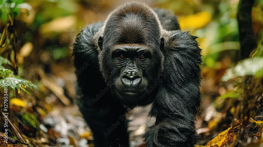 Fototapeta premium Gorilla moving through dense forest undergrowth in natural habitat during daylight hours