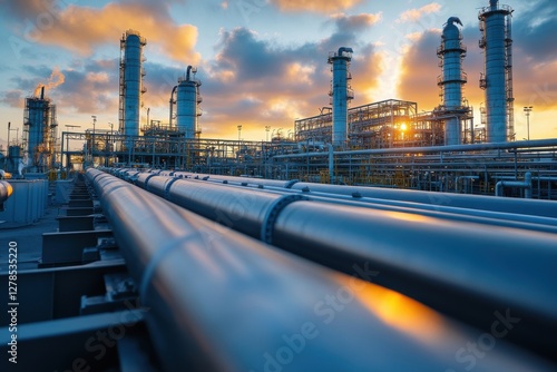 Oil refinery complex at sunset with pipes and towers in the foreground against a colorful sky