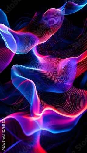 Abstract flowing curves glow with vibrant blue and red colors