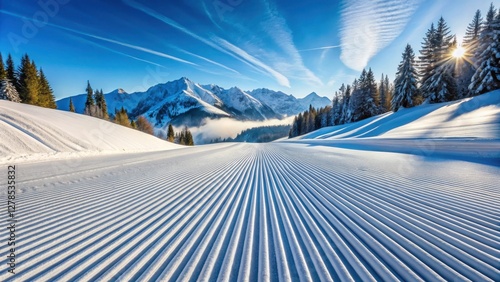 Freshly groomed ski piste with parallel tracks in pristine snow-covered terrain, leading down a gentle slope