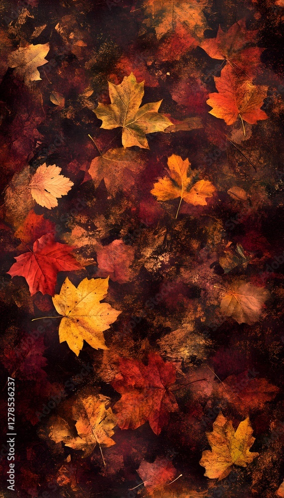 Colorful autumn leaves scattered on a dark textured surface Colorful autumn leaves scattered on a dark textured surface