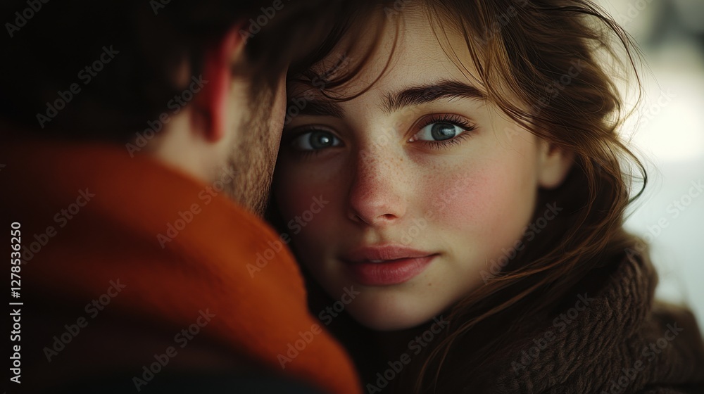 Young couple sharing an intimate moment in a cozy outdoor setting during the winter season, surrounded by soft, natural light and tranquility Young couple sharing an intimate moment in a cozy outdoor setting during the winter season, surrounded by soft, natural light and tranquility