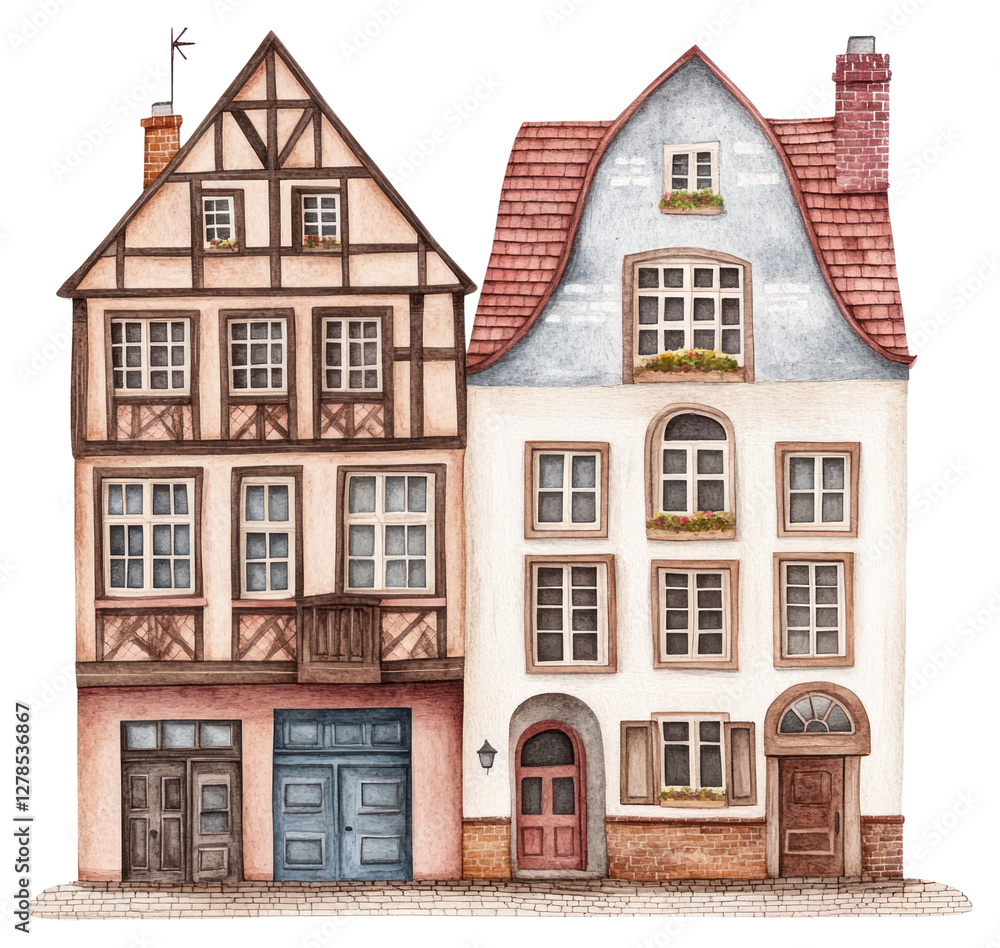 Fototapeta premium PNG Vintage German townhouses architecture illustration watercolor.