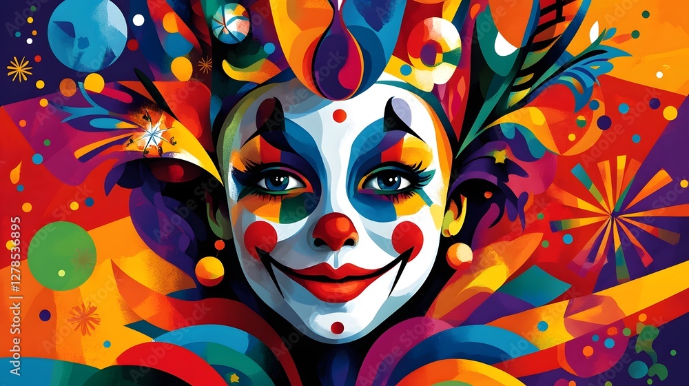 Vibrant Clown Mask with Colorful Abstract Patterns and Designs Vibrant Clown Mask with Colorful Abstract Patterns and Designs