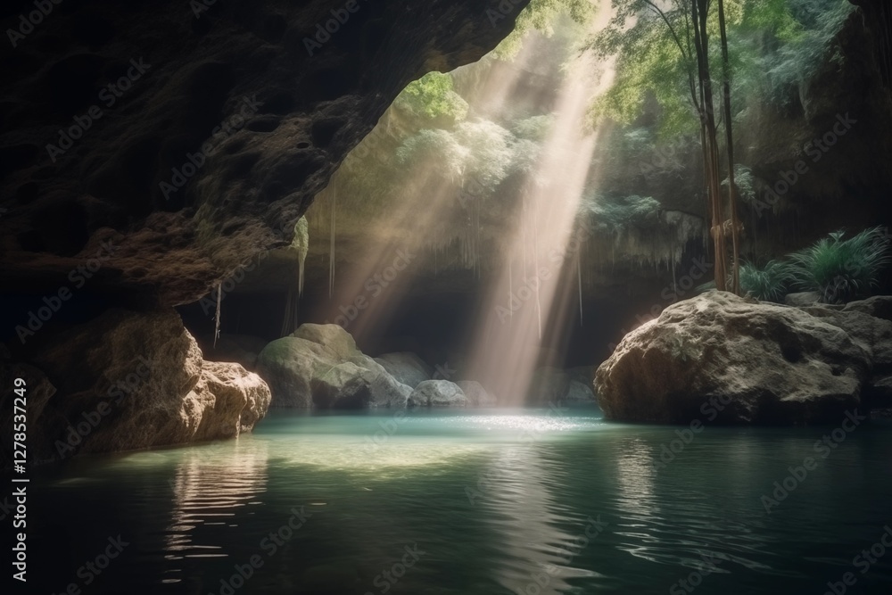 Naklejka premium Hidden cave pool with sunlight streaming through rocky opening surrounded by lush greenery