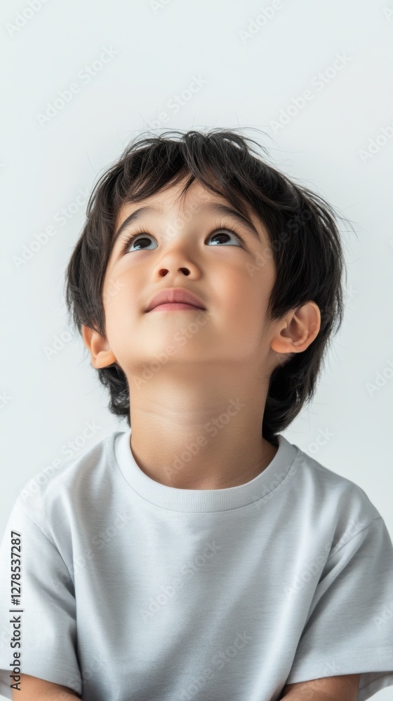 Young boy gazing upward with curiosity in a bright and simple setting, capturing a moment of wonder and imagination Young boy gazing upward with curiosity in a bright and simple setting, capturing a moment of wonder and imagination