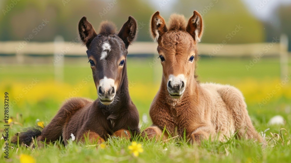 Fototapeta premium Two adorable foals resting peacefully on a grassy meadow with flowers under a clear sky in springtime