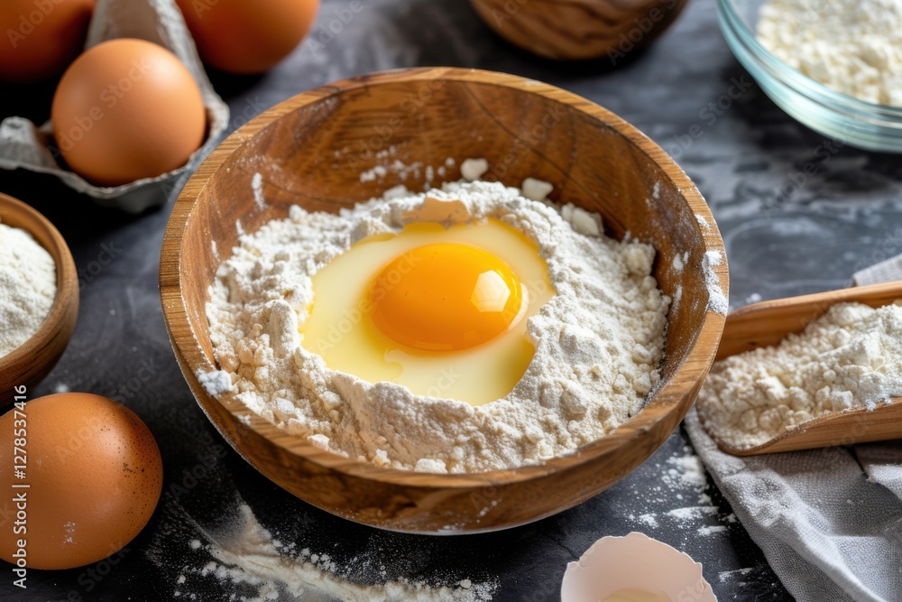 Mixing fresh eggs and flour in a wooden bowl for baking on a kitchen countertop Mixing fresh eggs and flour in a wooden bowl for baking on a kitchen countertop