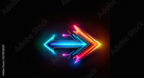 Neon arrows brightly illuminate a black backdrop. A blue arrow faces left, contrasting with a vibrant orange and red arrow pointing right, suggesting opposing directions.