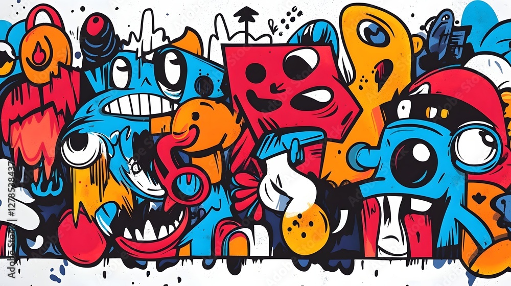 Vibrant Graffiti Inspired Abstract with Playful Cartoon Monsters Vibrant Graffiti Inspired Abstract with Playful Cartoon Monsters