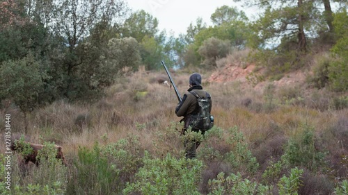 Hunter walking with shotgun and dog in countryside