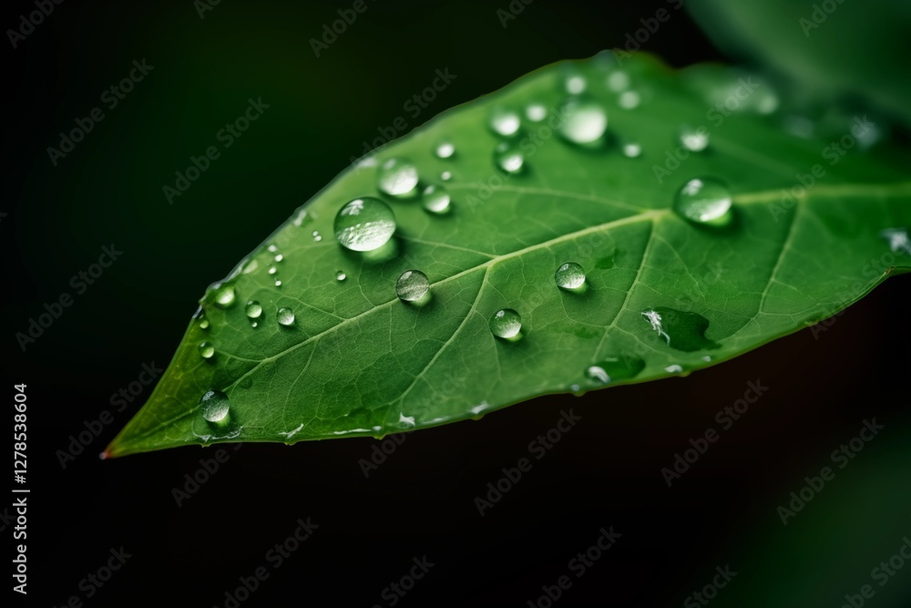 Green leaf with water droplets resting on surface against dark blurred background Green leaf with water droplets resting on surface against dark blurred background