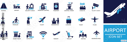 Airport icon set plane, boarding pass, traveler, duty free, information desk, customs, detector, You can easily change the color.