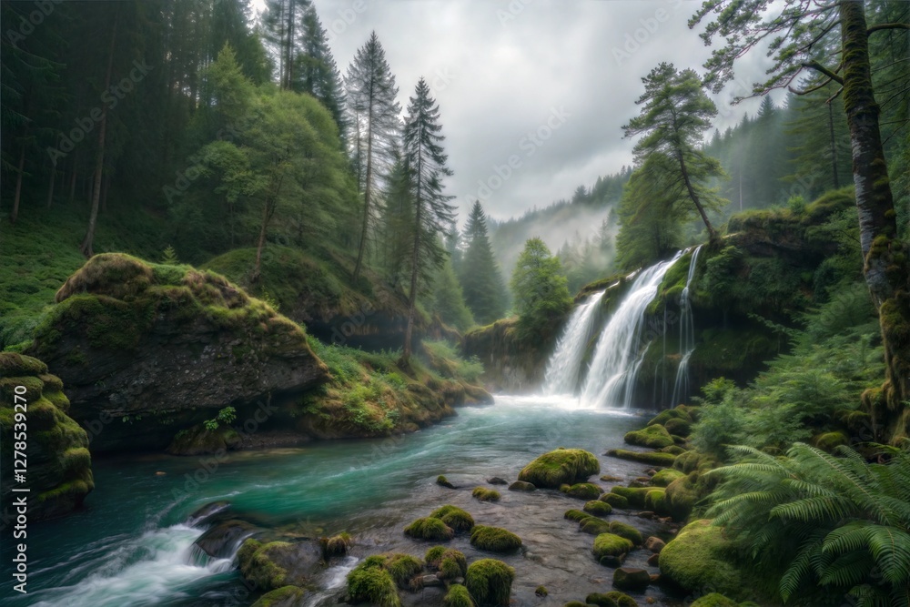 Obraz premium Misty Waterfall in Lush Forest