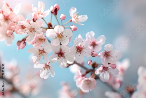Cherry blossom branches bloom in spring, showcasing delicate pink and white flowers against a clear blue sky