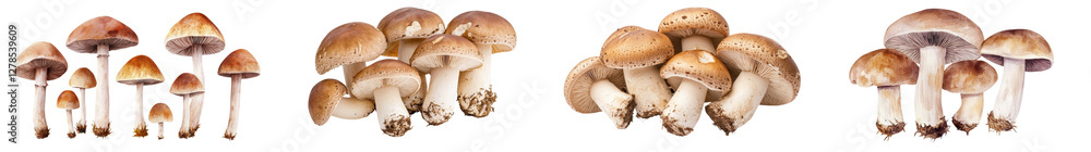 Variety of wild mushrooms in different shapes sizes and colors growing together in a lush natural forest setting Ecosystem of different fungal species thriving in the autumn season Variety of wild mushrooms in different shapes sizes and colors growing together in a lush natural forest setting Ecosystem of different fungal species thriving in the autumn season