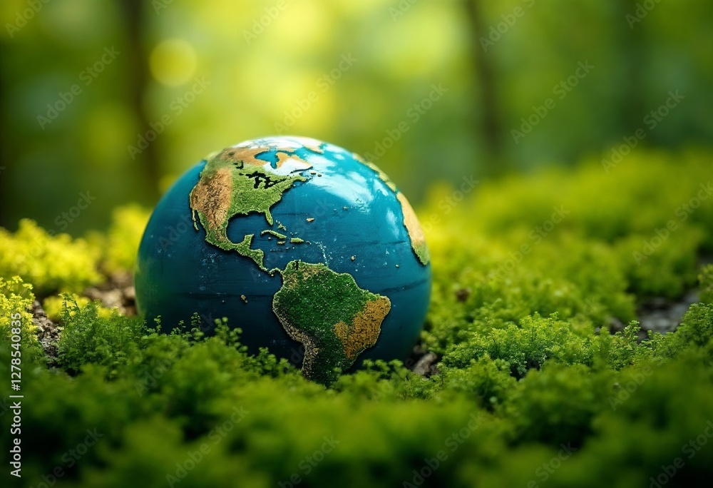 Globe resting on lush green moss in a serene forest environment Globe resting on lush green moss in a serene forest environment