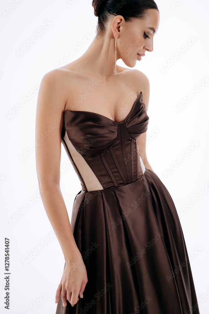 Tall brunette with hairstyle in dark brown luxurious fashionable dress with train isolated on white background Tall brunette with hairstyle in dark brown luxurious fashionable dress with train isolated on white background