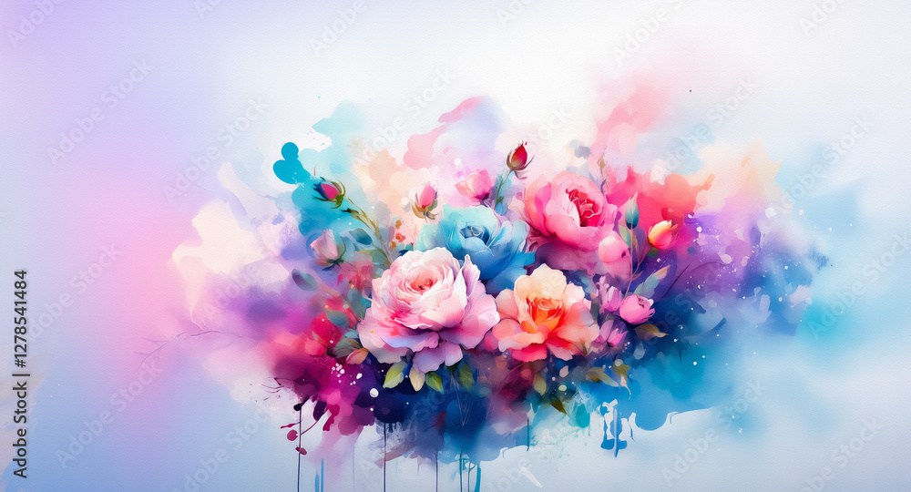 Fototapeta premium A vibrant bouquet of flowers rendered in a soft watercolor style. Pastel shades of pink, blue, and orange blend to create a dreamy and colorful floral arrangement.