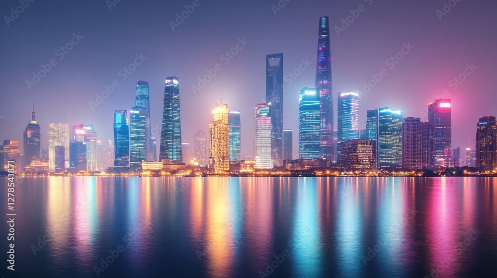 Fototapeta premium Shanghai Skyline at Night: A Dazzling Display of Urban Lights and Reflections