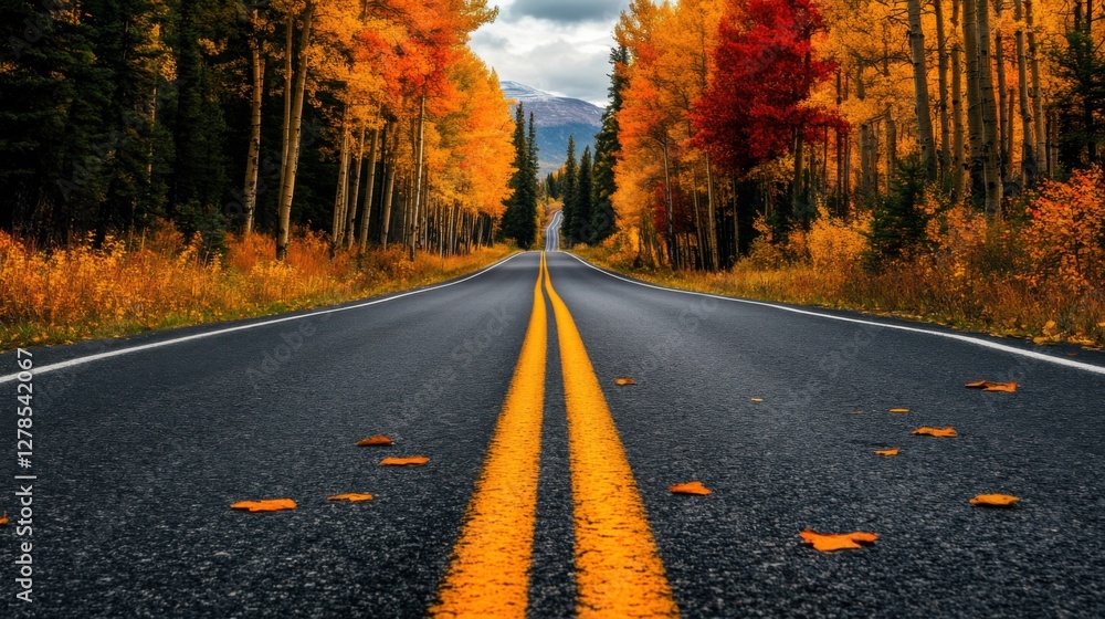 Fototapeta premium Peaceful fall road in Alberta, Canada, tranquil highway winding through colorful autumn trees, dreamy and nostalgic setting