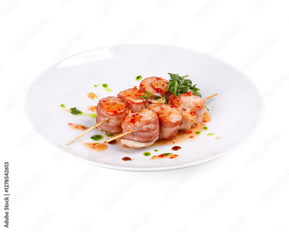 A white plate topped with delicious meat and vegetable skewers A white plate topped with delicious meat and vegetable skewers
