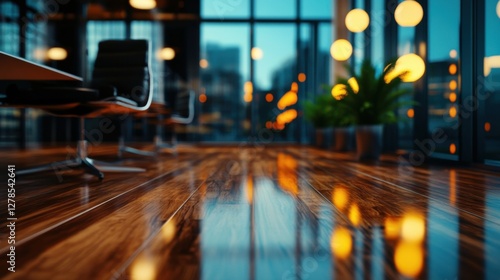 Professional office interior with bokeh effect, elegant and sleek corporate setting, soft glowing light reflections