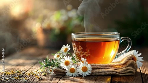 Wallpaper Mural cup of herbal tea placed on a wooden table, with fresh chamomile flowers and a soft linen napkin  Torontodigital.ca
