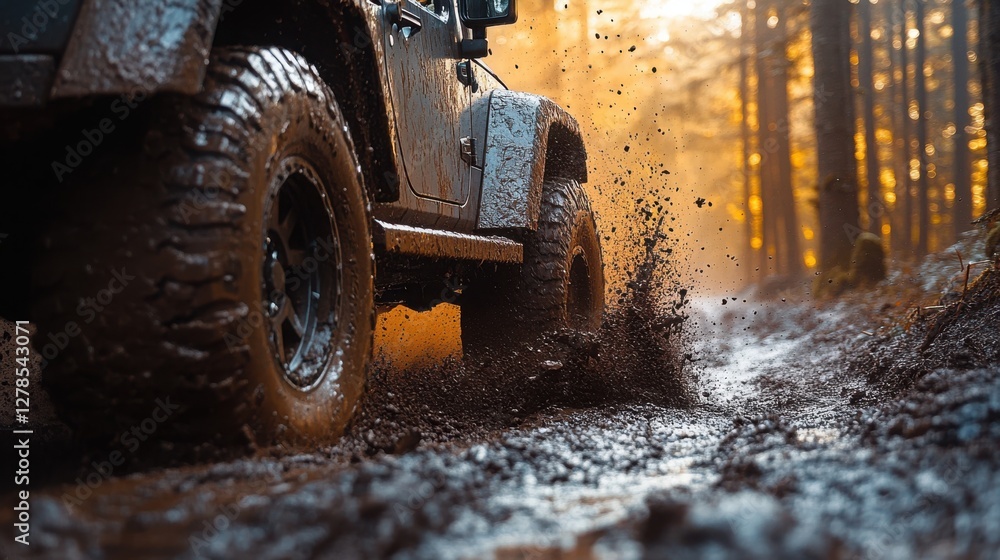 An exhilarating scene of an off-road vehicle navigating through rugged terrain, mud splashing up as the tires tackle a challenging trail in a dense forest An exhilarating scene of an off-road vehicle navigating through rugged terrain, mud splashing up as the tires tackle a challenging trail in a dense forest