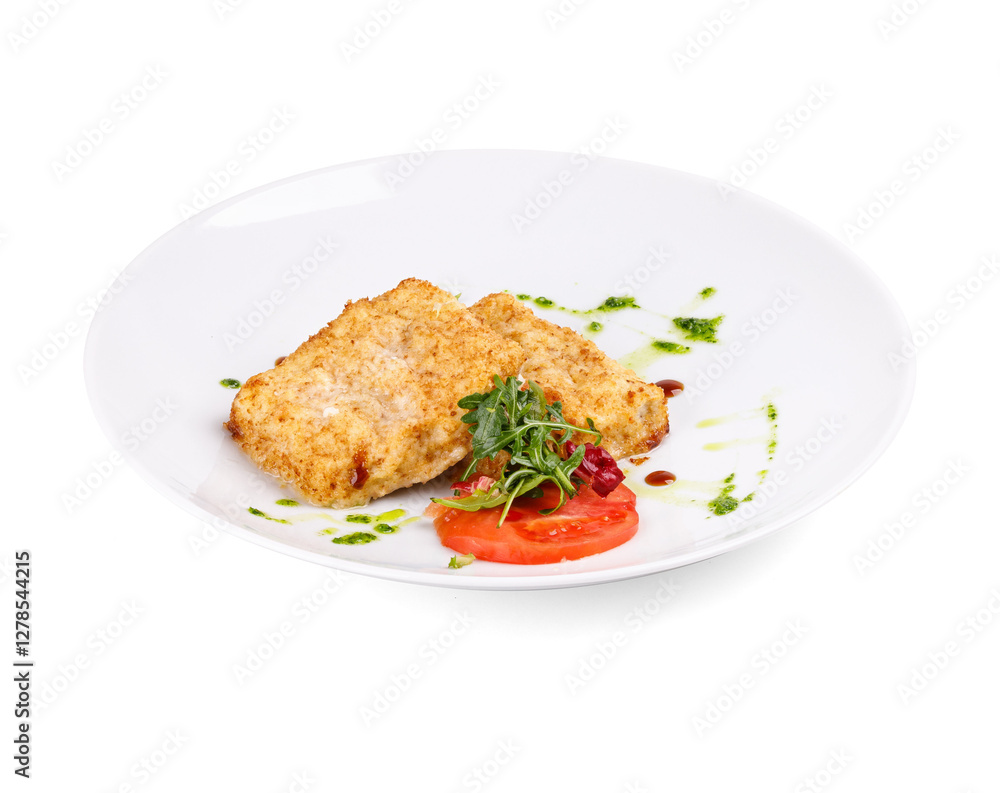 A white plate topped with fried food and fresh tomatoes A white plate topped with fried food and fresh tomatoes