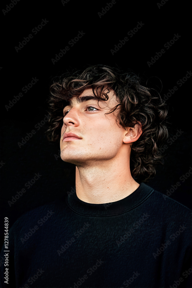 Dramatic portrait of a young man with curly hair wearing a black sweater, moody aesthetic Dramatic portrait of a young man with curly hair wearing a black sweater, moody aesthetic