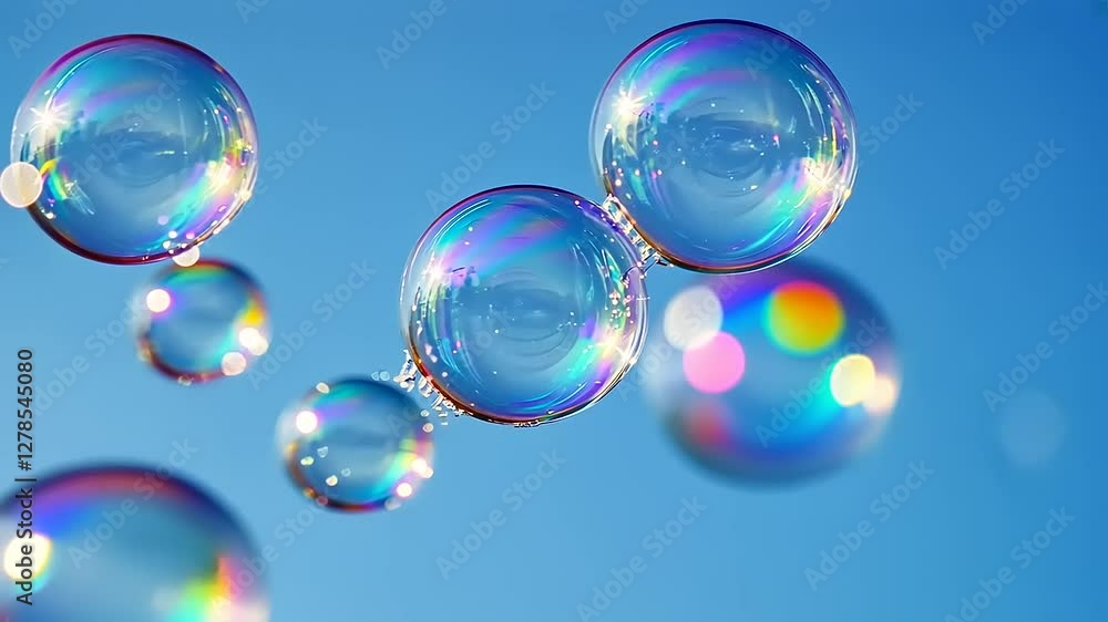 A cluster of iridescent soap bubbles against a blue sky. A cluster of iridescent soap bubbles against a blue sky.