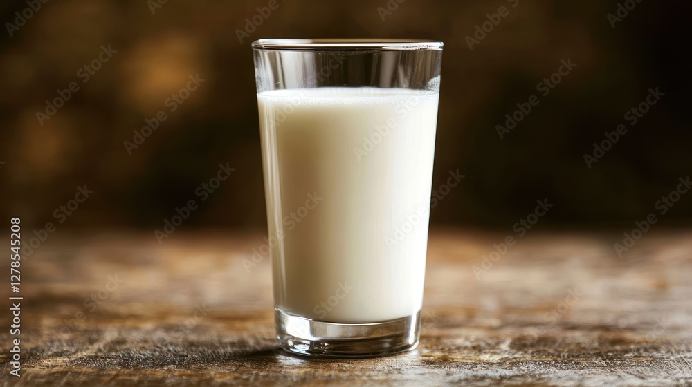 Glass of milk on table, sunlit background, healthy drink Glass of milk on table, sunlit background, healthy drink