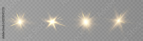 The effect of bright sunlight. Twinkling gold star on a transparent background.Bright light effect.	