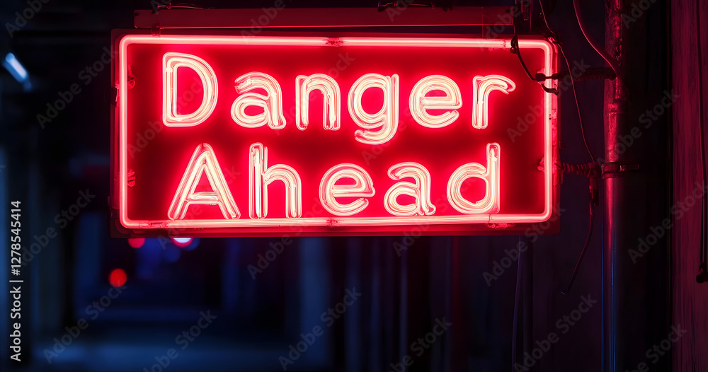 Fototapeta premium Red neon sign reading Danger Ahead glowing ominously in the dark. The intense red light casts eerie reflections warning of an impending hazard with an electrifying presence