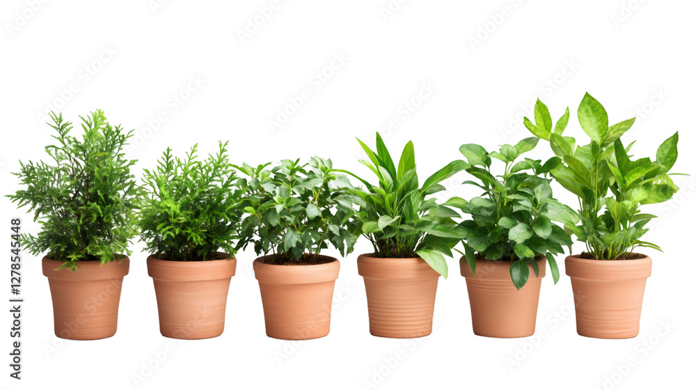 Fototapeta premium Six different types of green potted plants isolated on transparent background, perfect for your gardening and decoration projects