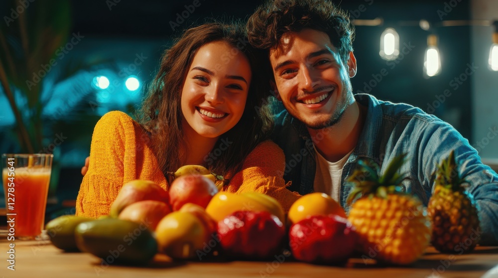 Smiling couple with fresh fruit in kitchen, vibrant colors, natural morning light, warm and happy moment